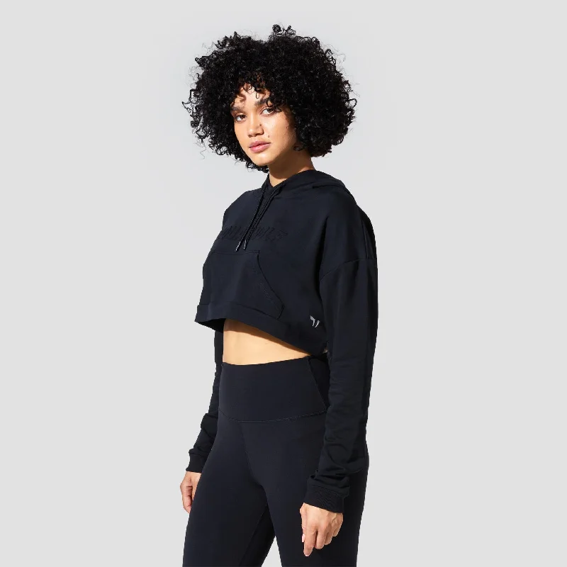 Graphic Wordmark Crop Hoodie - Black Hoodie with Cropped Fit Short Trendy