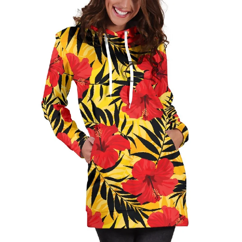 Hawaiian Hibiscus Flowers Pattern Print Pullover Hoodie Dress Hoodie with Drawstring Waist Adjustable Fitted Hawaiian Hibiscus Flowers Pattern Print Pullover Hoodie Dress Hoodie with Drawstring Waist Adjustable Fitted