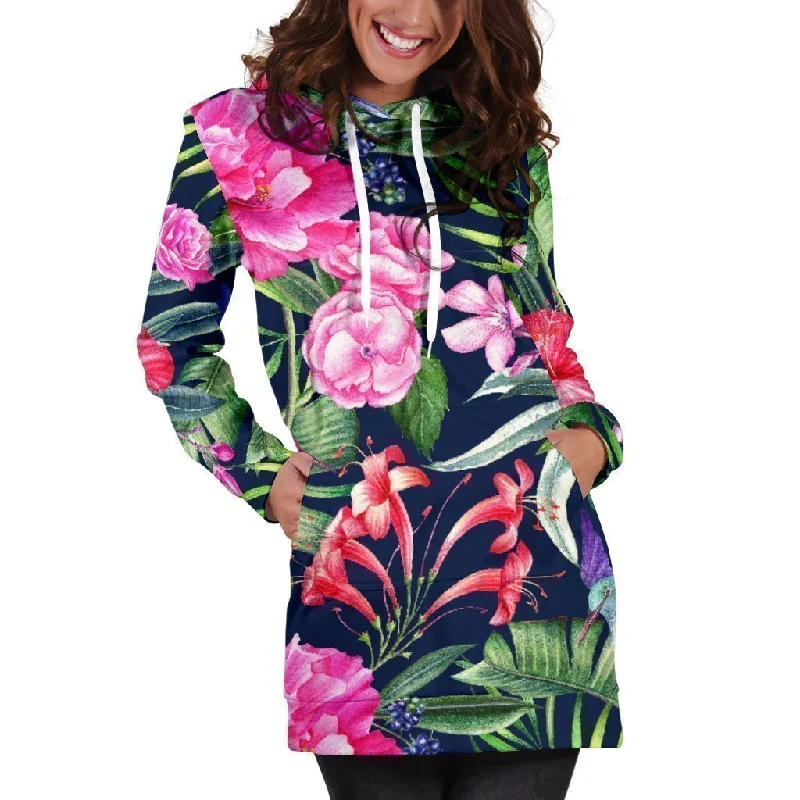 Hawaiian Tropical Birds Pattern Print Pullover Hoodie Dress Hoodie with Mesh Breathable Sporty Hawaiian Tropical Birds Pattern Print Pullover Hoodie Dress Hoodie with Mesh Breathable Sporty