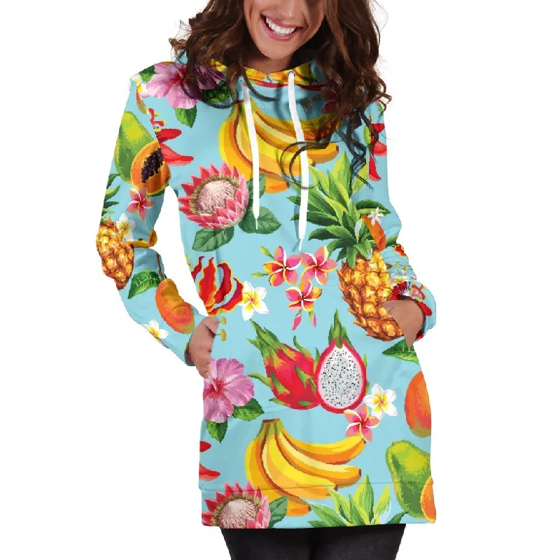 Hawaiian Tropical Fruits Pattern Print Pullover Hoodie Dress Hoodie with Snap Buttons Easy Quick Hawaiian Tropical Fruits Pattern Print Pullover Hoodie Dress Hoodie with Snap Buttons Easy Quick