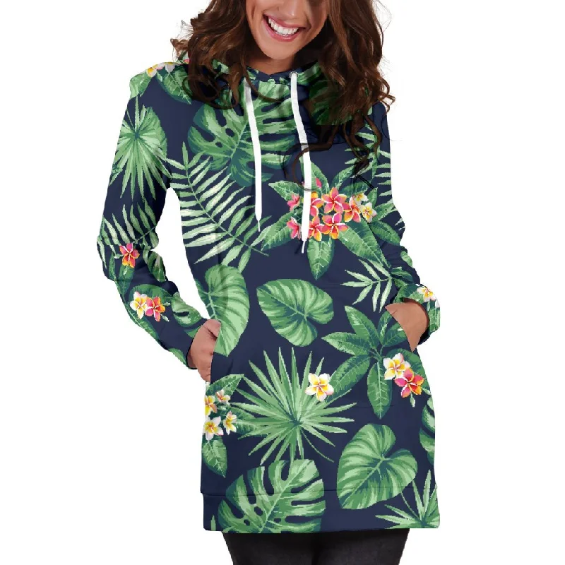 Hawaiian Tropical Leaves Pattern Print Pullover Hoodie Dress Hoodie with Cuffed Sleeves Snug Secure Hawaiian Tropical Leaves Pattern Print Pullover Hoodie Dress Hoodie with Cuffed Sleeves Snug Secure