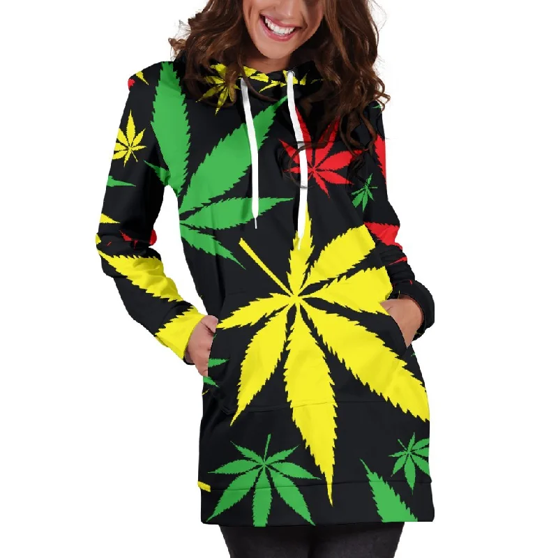 Hemp Leaves Reggae Pattern Print Pullover Hoodie Dress Hoodie with Elastic Waist Stretchable Comfortable