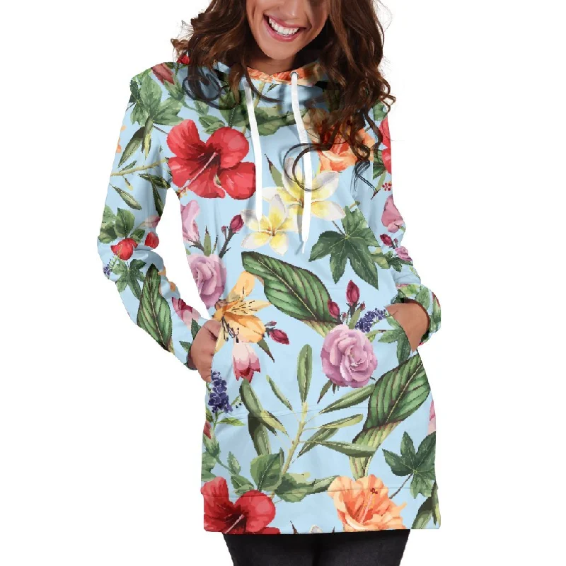 Hibiscus Flower Floral Pattern Print Pullover Hoodie Dress Hoodie with Drawcord Adjustable Secure