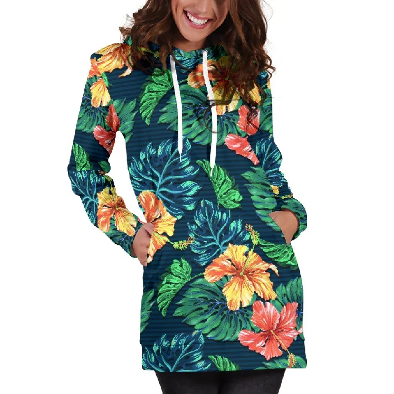 Hibiscus Monstera Hawaii Pattern Print Pullover Hoodie Dress Hoodie with Button Placket Classic Preppy Hibiscus Monstera Hawaii Pattern Print Pullover Hoodie Dress Hoodie with Button Placket Classic Preppy