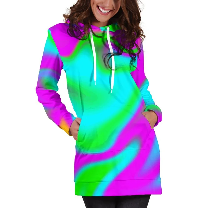 Holographic Neon Liquid Trippy Print Pullover Hoodie Dress Hoodie with Relaxed Fit Easy Casual Holographic Neon Liquid Trippy Print Pullover Hoodie Dress Hoodie with Relaxed Fit Easy Casual