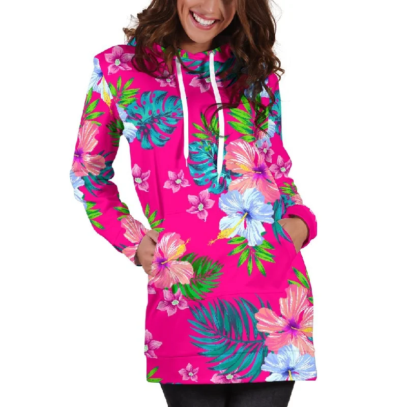 Hot Pink Aloha Hibiscus Pattern Print Pullover Hoodie Dress Hoodie with Exposed Zipper Edgy Industrial Hot Pink Aloha Hibiscus Pattern Print Pullover Hoodie Dress Hoodie with Exposed Zipper Edgy Industrial
