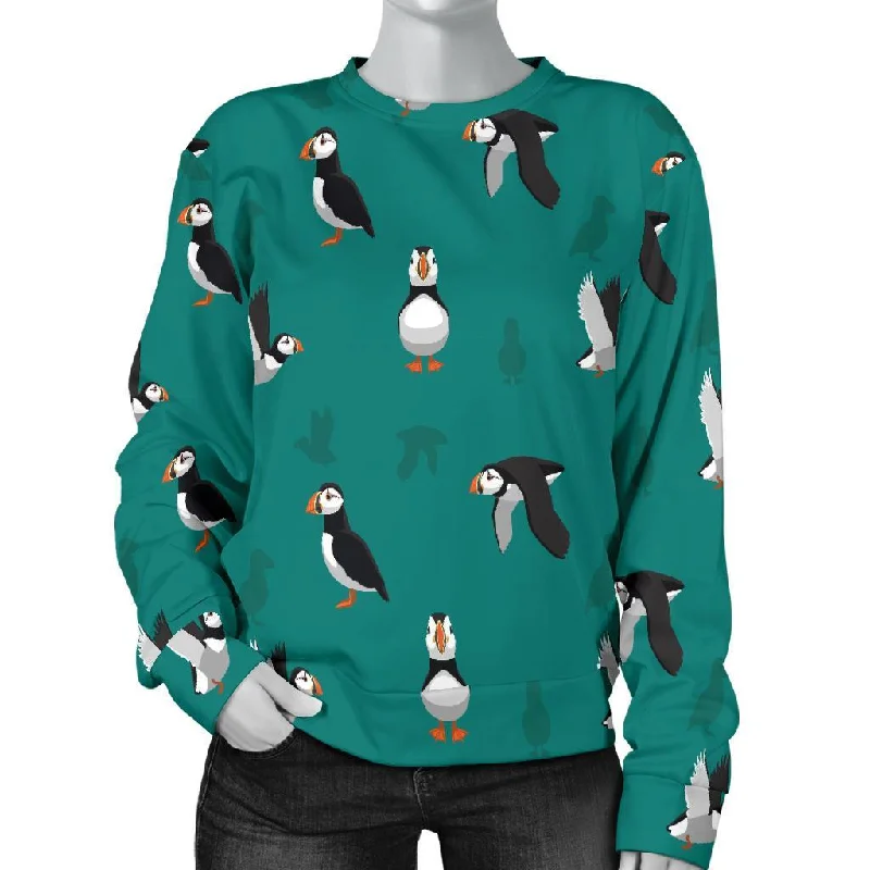 Puffin Pattern Print Women's Sweatshirt Hoodie with Toggle Buttons Decorative Unique