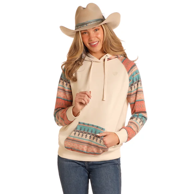 Rock & Roll Cowgirl Women's Cream with Turquoise Aztec Contrast Sleeve Hoodie BW94T05213 Hoodie with Elastic Waist Stretchable Comfortable Rock & Roll Cowgirl Women's Cream with Turquoise Aztec Contrast Sleeve Hoodie BW94T05213 Hoodie with Elastic Waist Stretchable Comfortable
