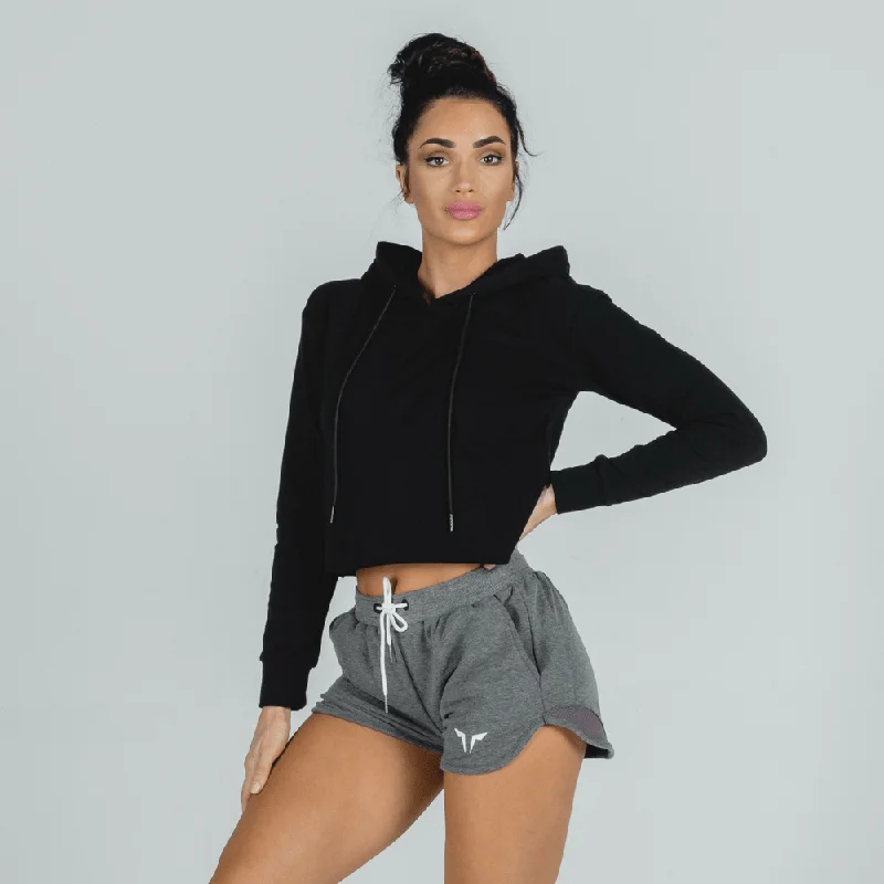 She-Wolf Crop Hoodie - Black Hoodie with Double Zipper Versatile Adjustable