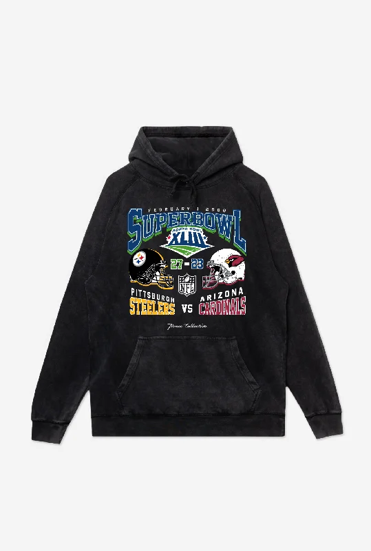 Super Bowl XLIII: Pittsburgh Steelers vs. Arizona Cardinals Stonewashed Hoodie - Black Cotton Hoodie Fleece Lining Warmth Super Bowl XLIII: Pittsburgh Steelers vs. Arizona Cardinals Stonewashed Hoodie - Black Cotton Hoodie Fleece Lining Warmth