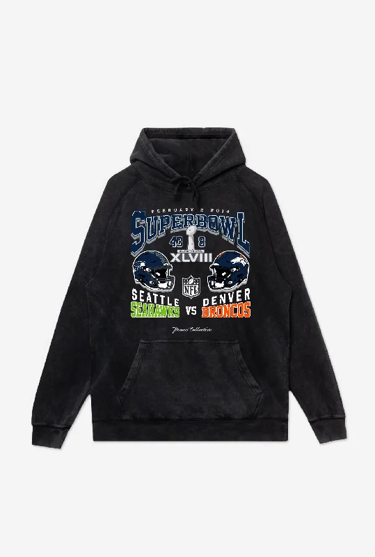 Super Bowl XLVIII: Seattle Seahawks vs. Denver Broncos Stonewashed Hoodie - Black Hoodie with Camouflage Military Edgy Super Bowl XLVIII: Seattle Seahawks vs. Denver Broncos Stonewashed Hoodie - Black Hoodie with Camouflage Military Edgy