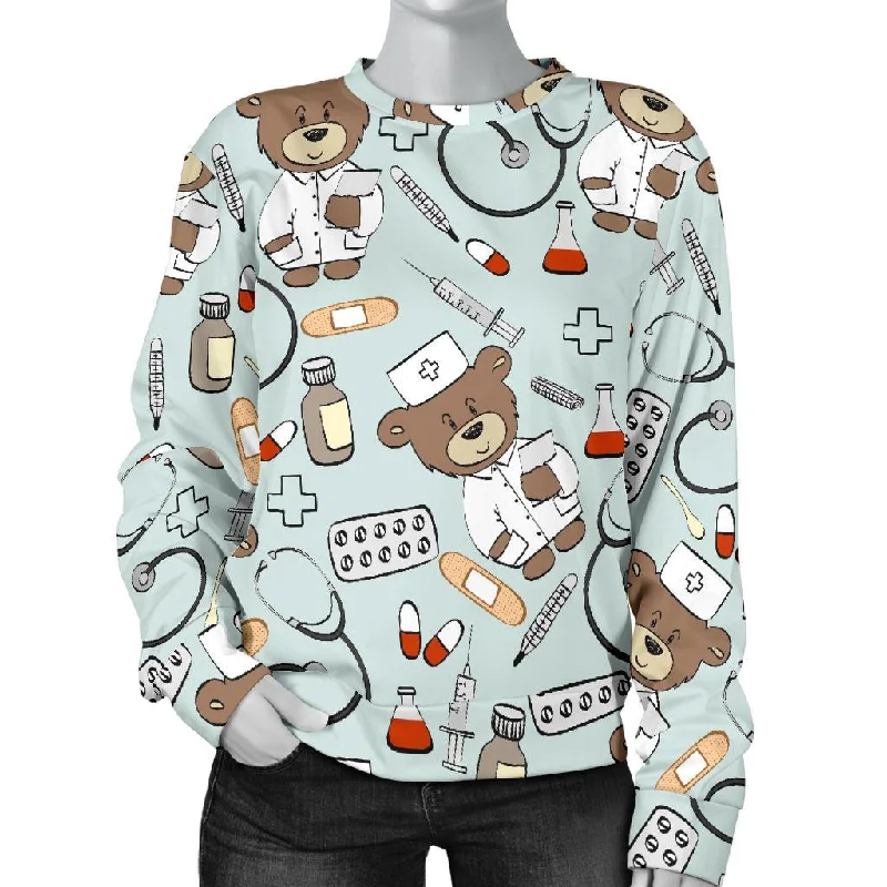 Teddy Bear Nurse Pattern Print Women's Sweatshirt Hoodie with Button Placket Classic Preppy Teddy Bear Nurse Pattern Print Women's Sweatshirt Hoodie with Button Placket Classic Preppy