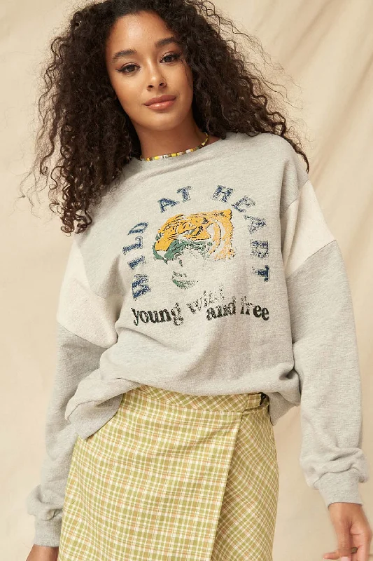 Wild at Heart Vintage Tiger Graphic Sweatshirt Hoodie with Mesh Breathable Sporty