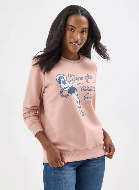 Wrangler Retro Women's Misty Rose Long Live Cowgirl Crew Sweatshirt 11234458 Hoodie with Hem Frayed Vintage Worn Wrangler Retro Women's Misty Rose Long Live Cowgirl Crew Sweatshirt 11234458 Hoodie with Hem Frayed Vintage Worn