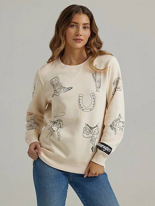 Womens Cowboy Icons Pullover Sweatshirt - Egret Hoodie with Slit Hem Functional Movement Womens Cowboy Icons Pullover Sweatshirt - Egret Hoodie with Slit Hem Functional Movement
