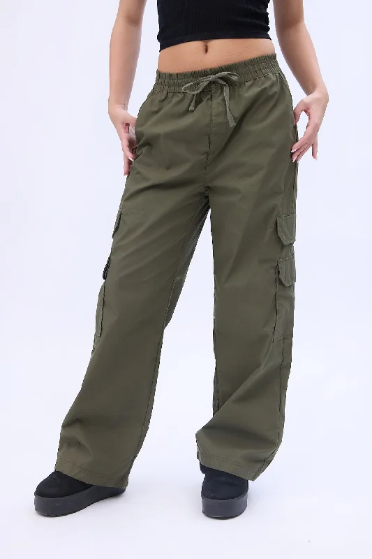 High Rise Wide Leg Cargo Twill Pants Trendy Wide-Legged Trousers