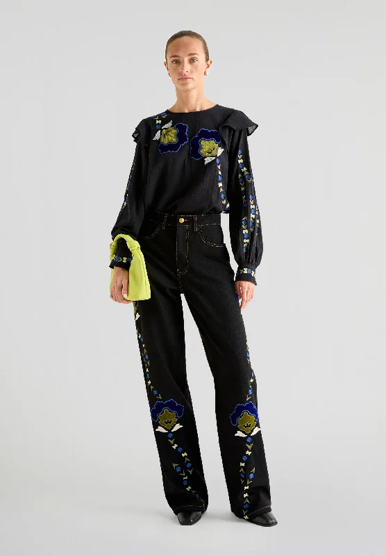 FLOWER EMB DENIM PANT Elegant Silk Pants