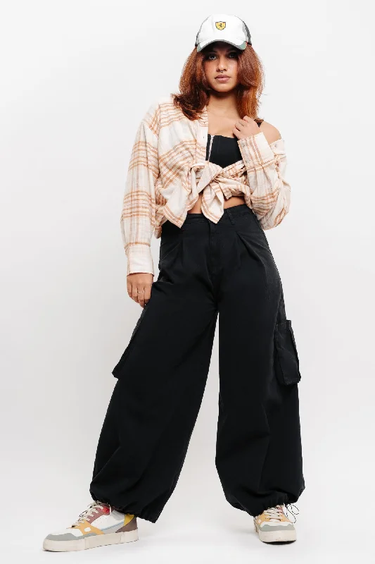 Denim Black Pleated Wide Balloon Pants Modern Bootcut Pants