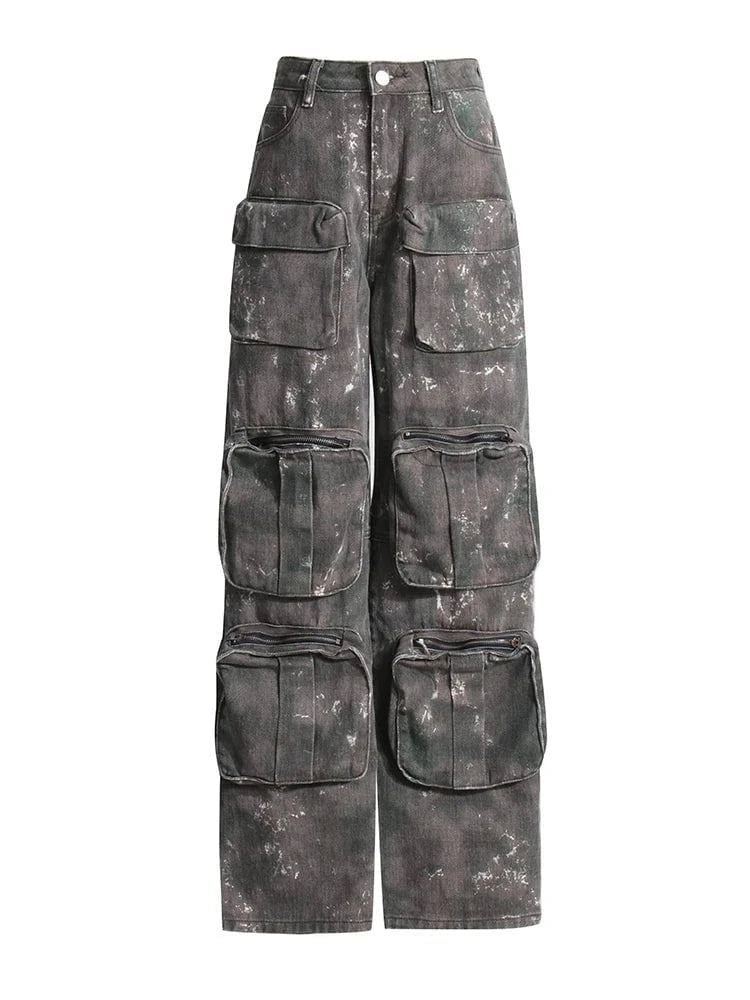 Camo Multi-Pockets Wide-Leg Pants Comfy Zip-Up Pants