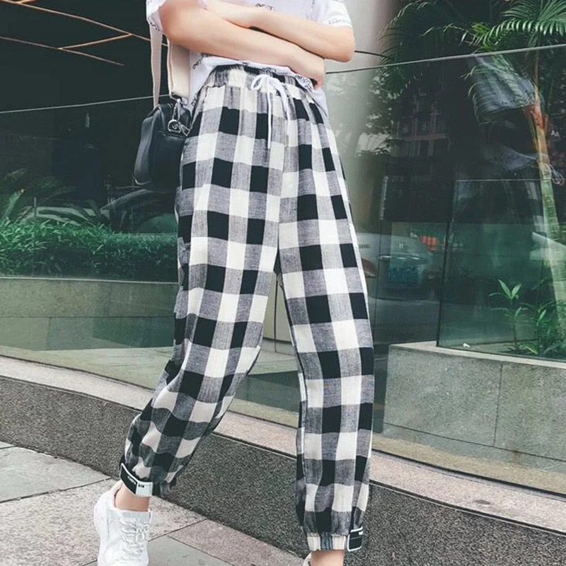 Fashion Black White Plaid Harem Pants Women Autumn Casual Pants Clothes Loose Drawstring Pants Clothing Casual Yoga Pants