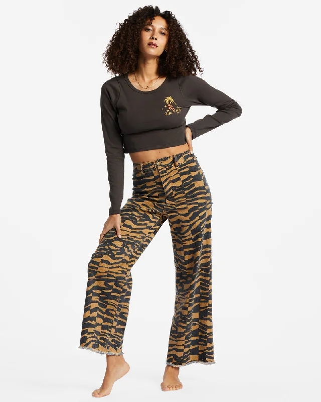 Free Fall Print High-Waist Pants - Cosmic Khaki Elegant Palazzo Trousers