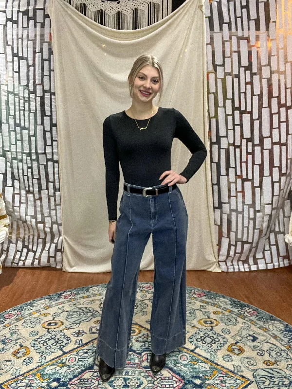 Front Line Dark Denim Wide Leg Pants Classic Pleated Pants