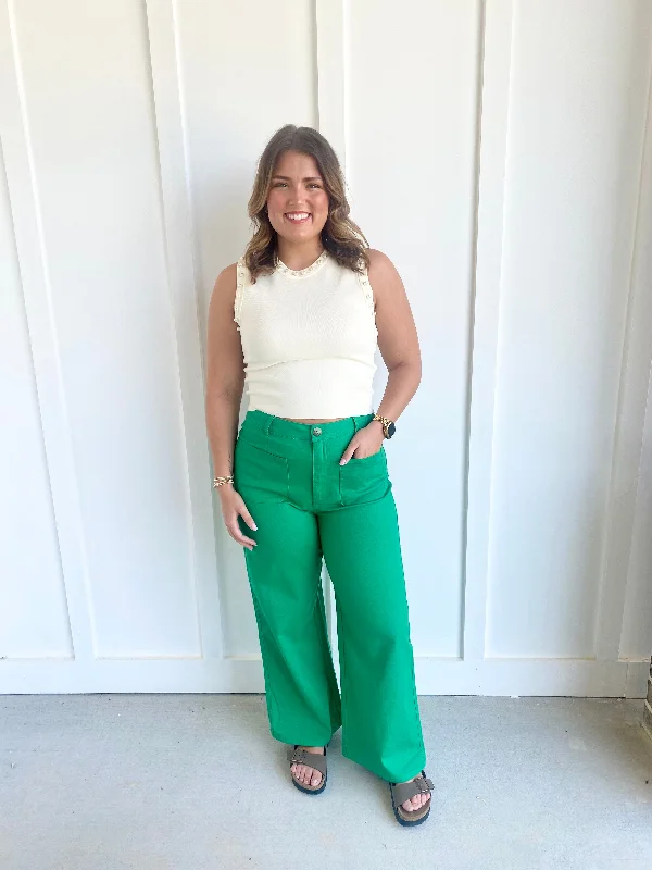 Green Front Pocket Pant Trendy High-Waist Trousers