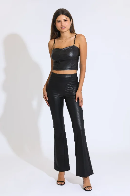 HIGH RISE FAUX LEATHER FLARE PANTS- BLACK Comfortable Jogging Pants