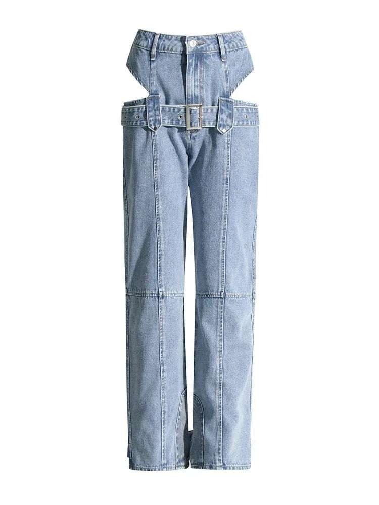 Hollow-Out Belt Denim Pants Lightweight Linen Pants