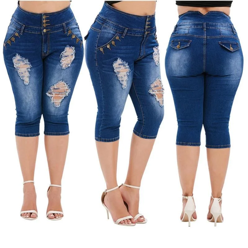 Knee Length Women's Ripped Denim Pants Modern Bootcut Pants