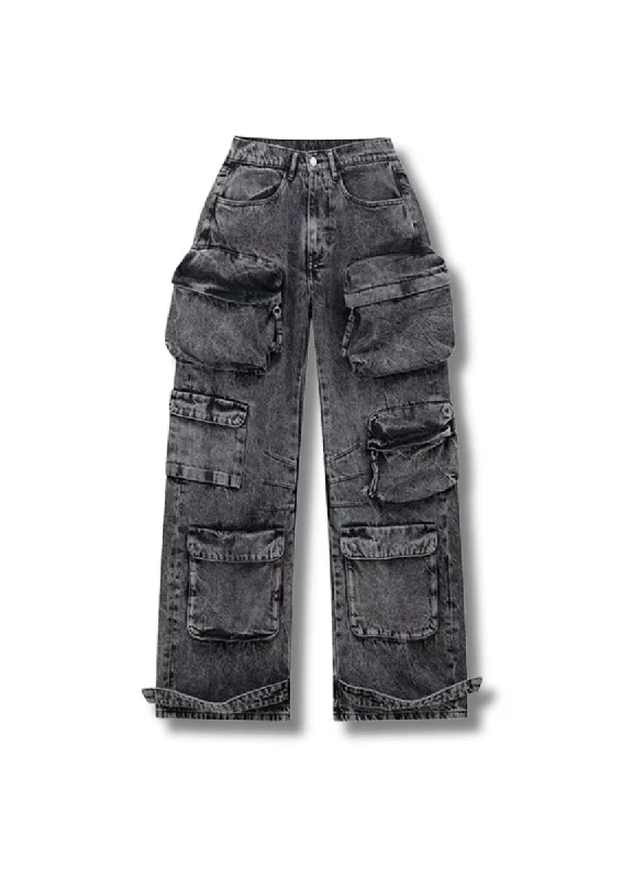 Multi Pockets Wide-Leg Denim Pants Formal Wide-Leg Pants