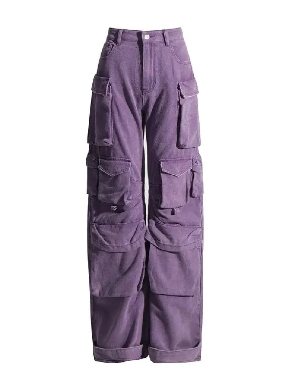 Purple Cargo Baggy Pants High-Waist Jeans