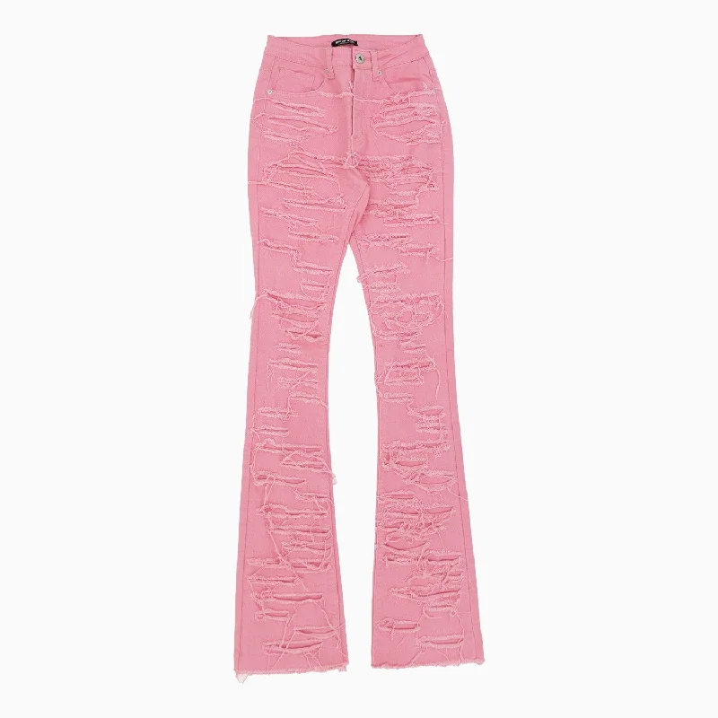 Women's Heavy Twill Dist Stacked Frayed Denim Pant Relaxed Lounge Trousers
