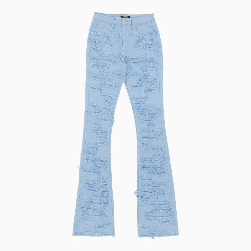 Women's Heavy Twill Dist Stacked Frayed Pant Stylish Elastic Waist Pants