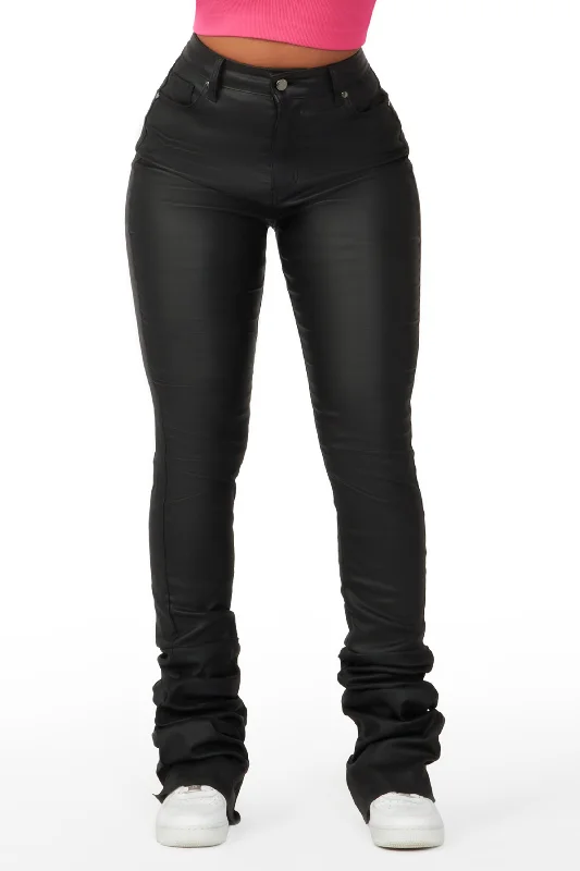 Pay Attention Black PU Super Stacked Flare Pant Trendy Palazzo Pants