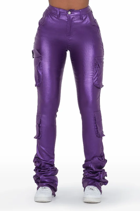 Miracle Purple PU Cargo Super Stacked Pant Elegant Wool Trousers
