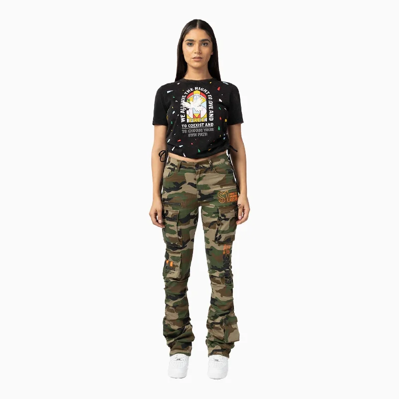 Women's High Rise Utility Twill Stack Pant Trendy High-Waist Trousers
