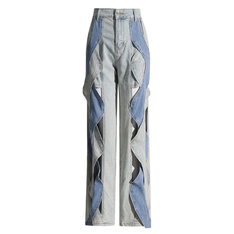 Sparkly Crystal Wavy Cutout High Waist Two Tone Wide Leg Denim Pants Slim Fit Casual Pants