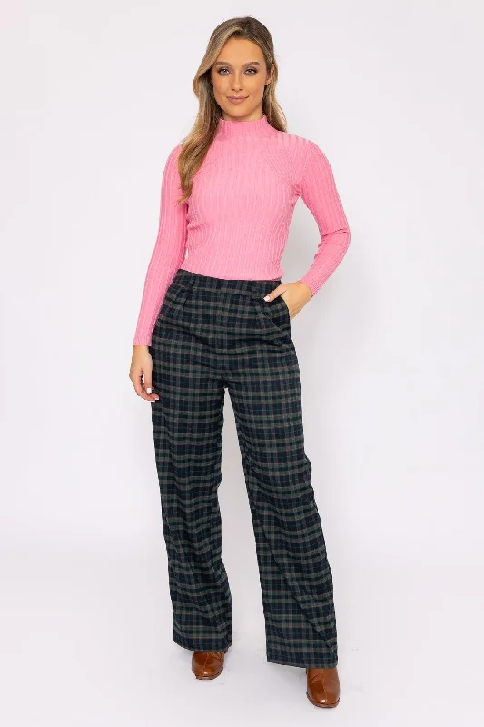 Wide Leg Check Pants in Green Stylish Slim Trousers