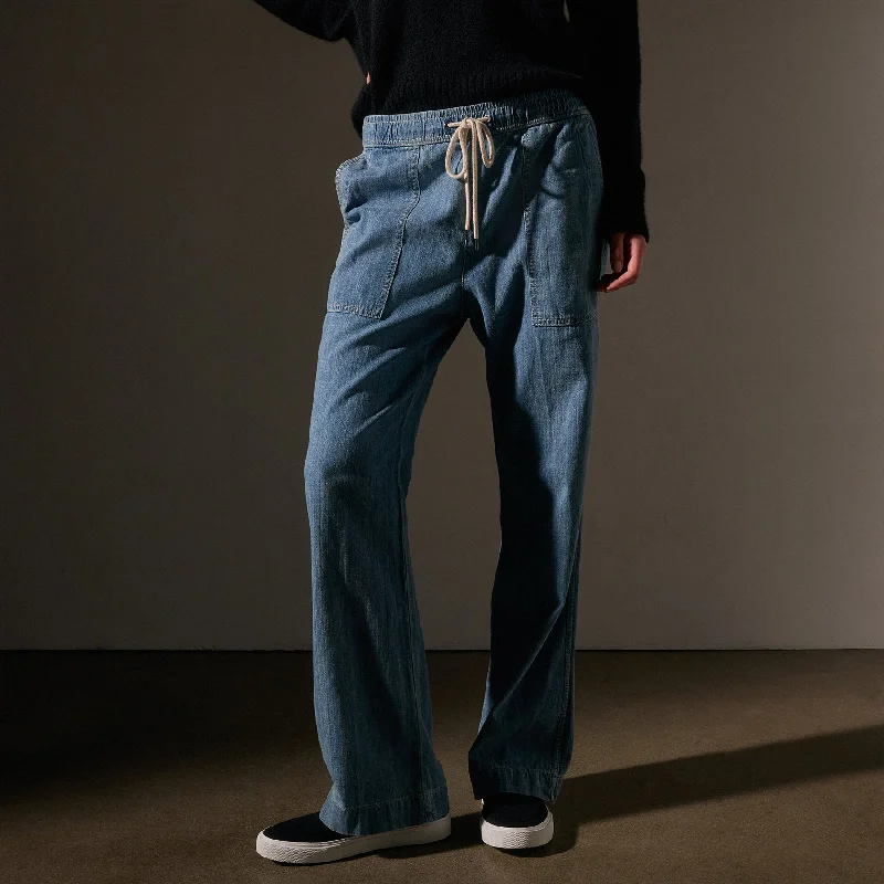 Wide Leg Pull On Denim Pant - Mid Bleach Wash Casual Yoga Pants