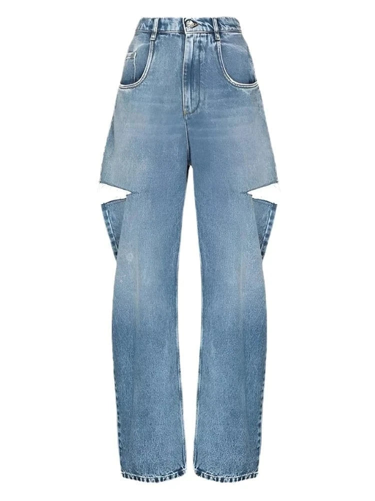 Wide-Leg Ripped Denim Pants Casual Lounge Pants