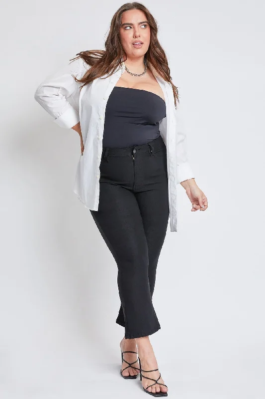 Women´s Plus Hyperstretch Cropped Kick Flare Pants, Black Casual Wide Pants