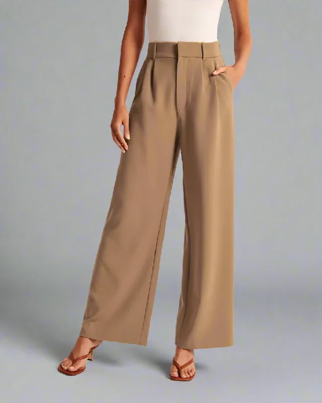 Women's Casual High Waist Straight and Wide Leg Pants with Pockets Casual Plaid Pants