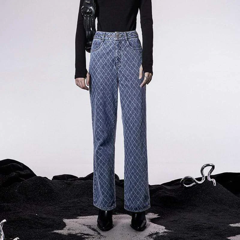 Women's Grunge Diamond Denim Pants Relaxed Lounge Trousers