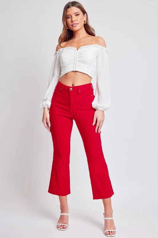 Women's Hyperstretch Cropped Kick Flare Leg Pants, Ruby Red Comfy Zip-Up Pants