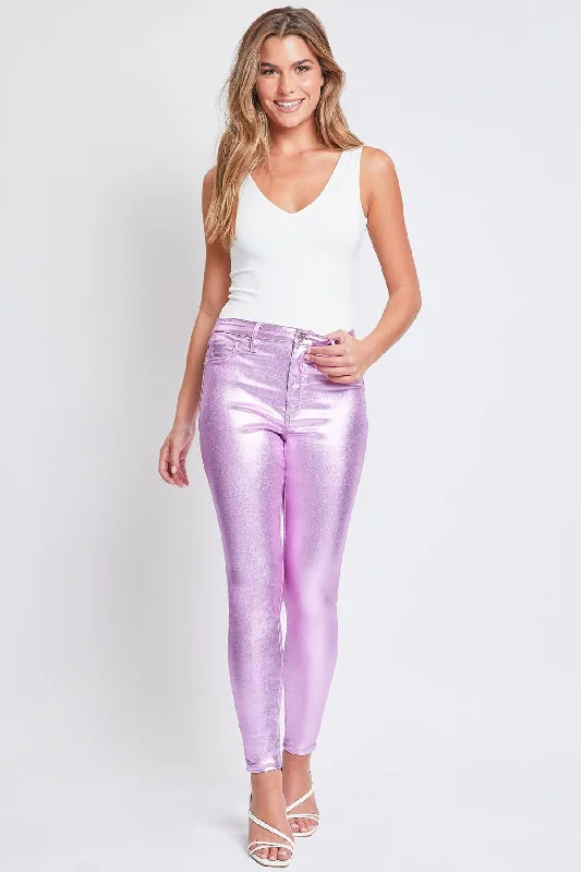 Women's  Metallic Hyperstretch Skinny Pants, Lavender Fashionable Tapered Leg Pants