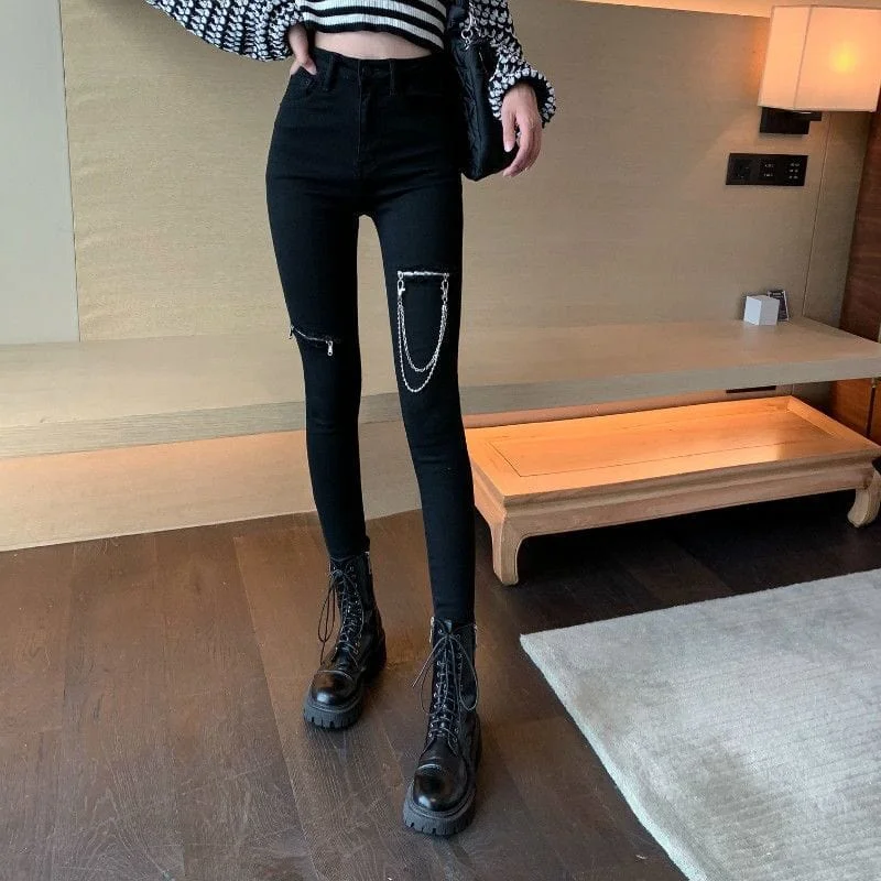 Women's Punk Ripped High-waisted Pencil Pants with Chain Trendy Wide-Legged Trousers