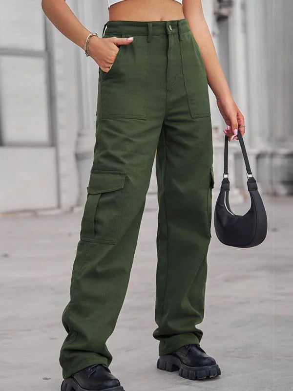 Women's Solid Twill Cargo Pants Stylish Paperbag Waist Pants