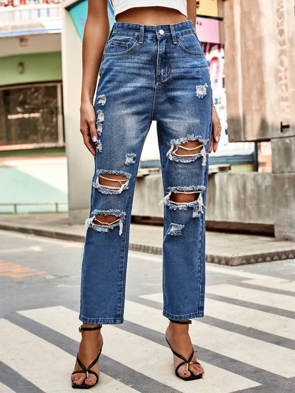 All-match washed ripped straight-leg denim cropped pants Classic Bootcut Trousers