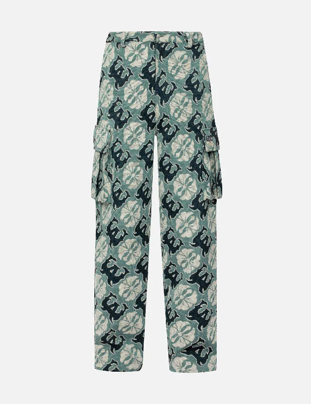 Allover Kamon and Logo Jacquard Wide Leg Tapestry Cargo Pants Comfortable Denim Trousers